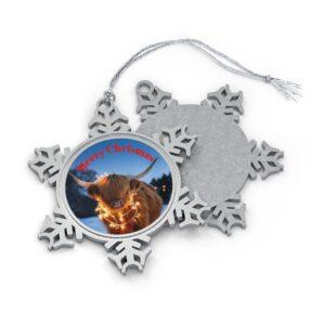 Red Highland in Pewter Snowflake Christmas Ornament — Merry Christmas Highland Cow Photo