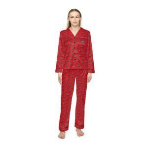 Highland Cow Red Satin Women’s Pajama Set – Cute Tiny Floral All-Over Print Sleepwear